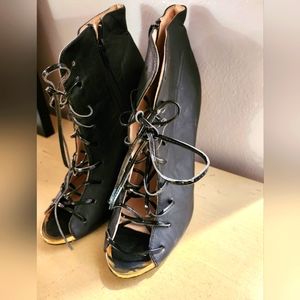 Lace-up Front Black Stiletto With Gold Accent Toe